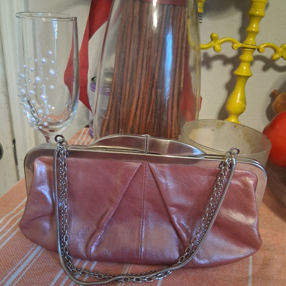 HOBO Pink Leather Clutch with Silver Chain - Picture 6 of 10